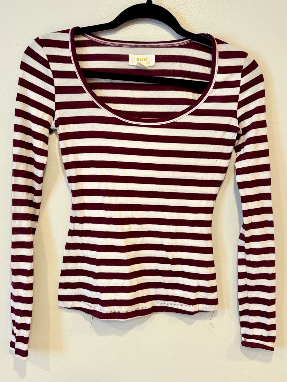 MAEVE by Anthropologie Striped Long Sleeve Scoop Neck Tee Maroon Women's XXS